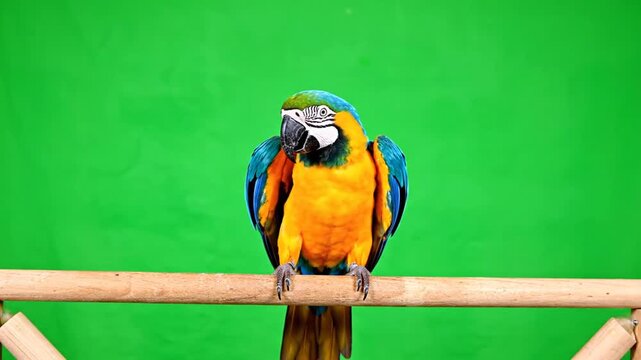 A vibrant blue and yellow macaw parrot perched on a wooden branch in front of a green screen background, looking forward.