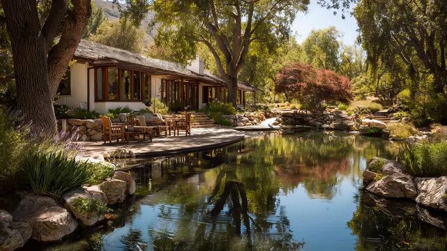 Serene wellness retreat in natural setting, spiritual renewal and holistic detox concept, calm nature background with copy space