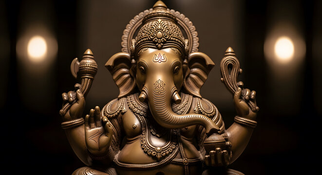 Bronze Ganesha sculpture close-up with detailed ornaments on dar
