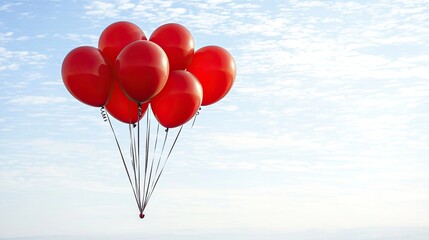Obraz premium A bunch of red balloons against a blue sky with light clouds background. It's ideal for celebrating holidays, parties, or showing dreams.