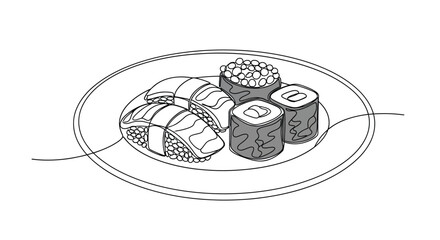 Sushi Platter with Roe and Rolls in Minimalist Line Art Style © StockSynergy