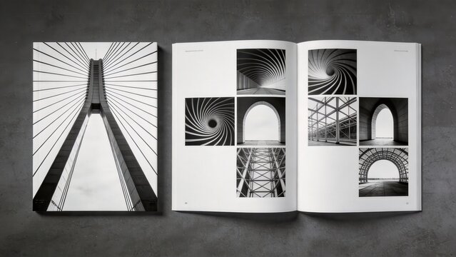 Modern architecture photography book mockup featuring bridges arches and structural geometry,minimal editorial layout creative portfolio presentation design inspiration concept