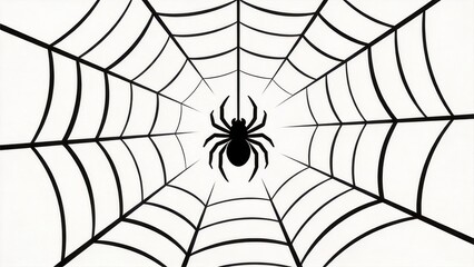 Obraz premium Minimal spider web with black spider silhouette centered on white background,clean geometric symmetry,abstract nature concept symbolizing network,trap,connection,mystery and design balance