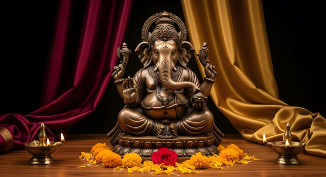 Bronze statue of Ganesha seated on a pedestal with marigolds and
