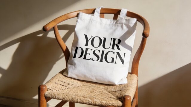 Canvas tote bag mockup on wooden chair,stylish lifestyle product presentation for eco branding,custom logo display,fashion marketing and minimalist design concepts