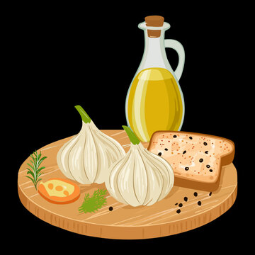 Olive oil bottle with garlic bulbs and toast bread served on a rustic wooden board - Vector Illustration