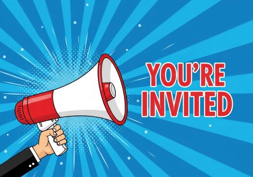 Cartoon hand holding megaphone with youre invited text on blue background