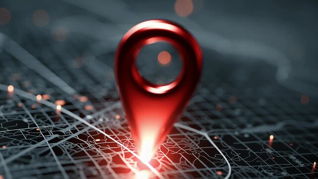 Animated digital map with linked location pins concept. Detailed digital map with red location marker pinpointing a precise urban area for navigation and tracking