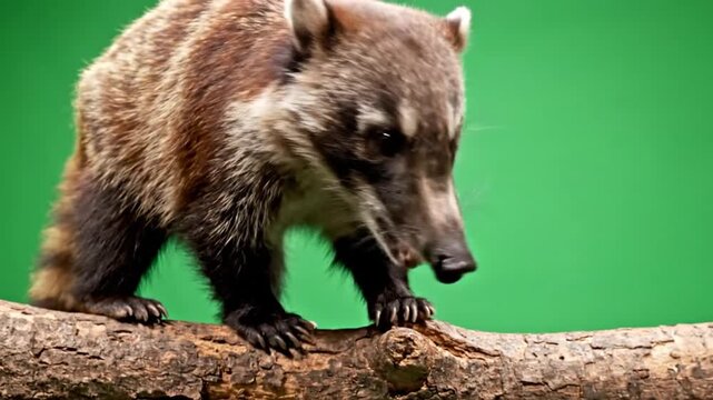 A coati, a small mammal, with brown fur and a long snout, standing on a tree branch against a vibrant green background.