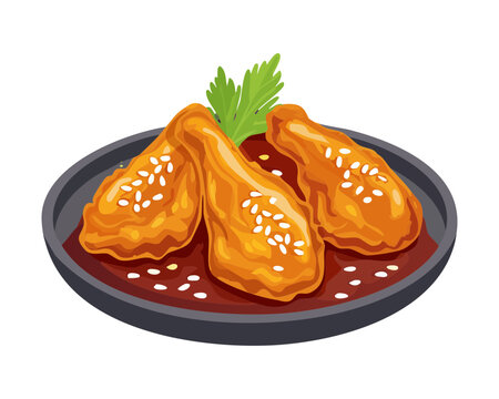 Plate of golden fried chicken wings with sesame seeds for a tasty and crispy snack - Vector Illustration