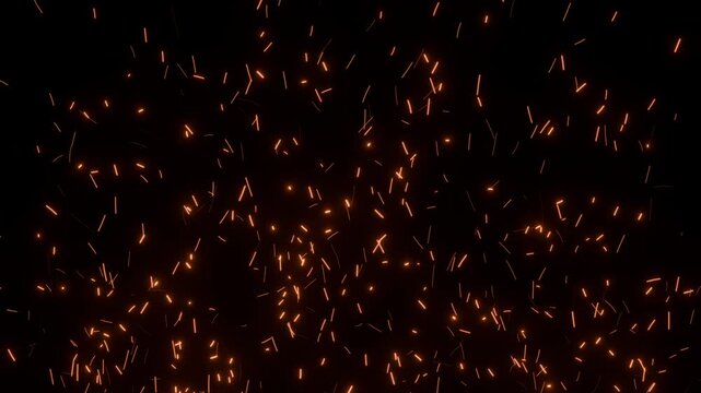 Fire sparks particles floating overlay on black background, loop 3d animation.