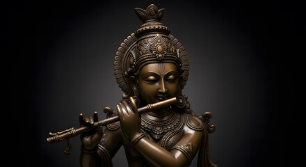 Fototapeta premium Detailed bronze sculpture of Lord Krishna playing the flute agai
