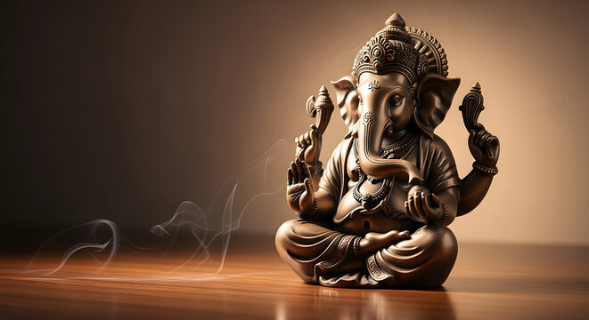 Detailed bronze Ganesha statue sitting cross-legged on polished