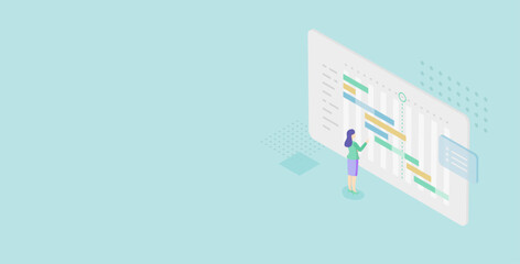 ガントチャートでプロジェクト進捗を確認する女性マネージャーのアイソメトリックベクターイラスト（スケジュール管理・タスク管理）