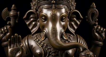 Fototapeta premium Detailed closeup of Lord Ganesha bronze sculpture against a dark