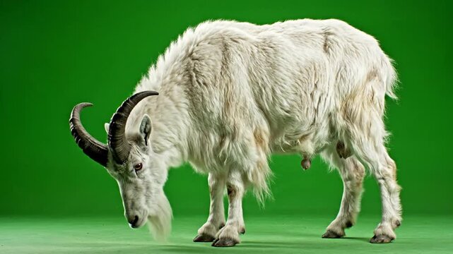 A majestic mountain goat with shaggy white fur and curved horns stands against a vibrant green studio background, looking downwards.