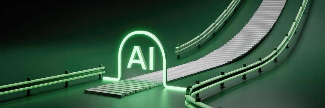 AI adoption gateway with glowing green guardrails and steps, modern responsible innovation pathway background for governance compliance strategy header