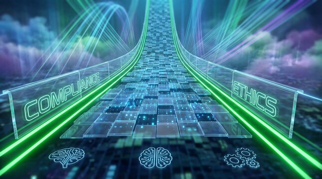 Responsible AI compliance and ethics roadmap background with glowing green guardrails on digital data highway, modern technology governance concept for slide banner