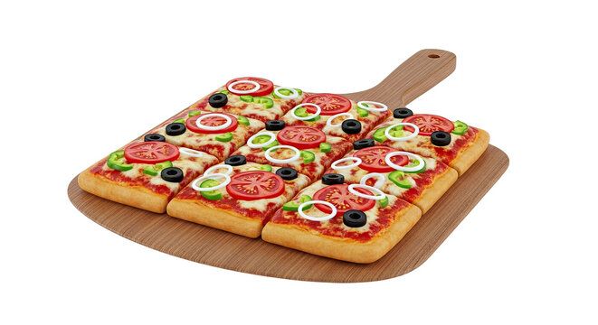 Rectangular Pizza Slices with Toppings on Wooden Peel