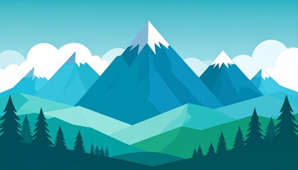 Fototapeta premium Serene Mountain Landscape with Snowcapped Peaks and Evergreen Trees
