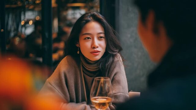 Woman and man couple dating eating at a restaurant