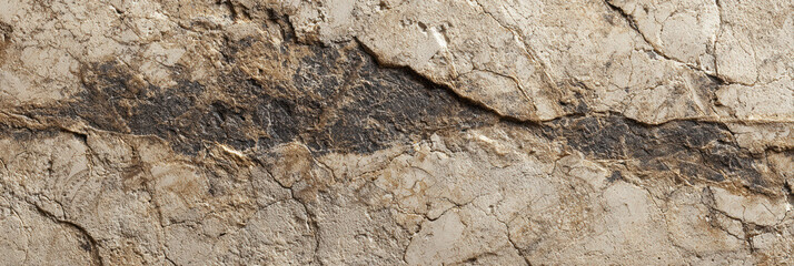 Weathered beige marble surface featuring prominent dark vein or large crack running horizontally across textured stone background with detailed rough pattern
