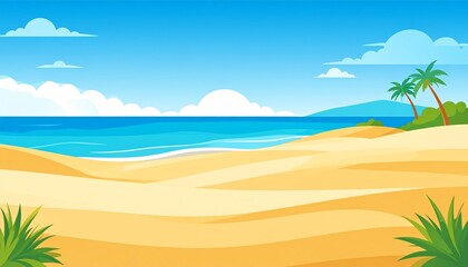 Obraz premium Tropical beach paradise with golden sand, turquoise ocean, palm tree, and clear blue sky