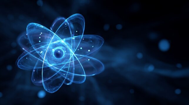 Blue atom model abstract background with glowing particles and molecular structure, futuristic scientific concept of atomic energy, quantum physics, chemistry research, and advanced technology innovat