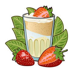 Strawberry milkshake glass with whipped cream topping and fresh berry and mint leaf garnish - Vector Illustration © powdesign