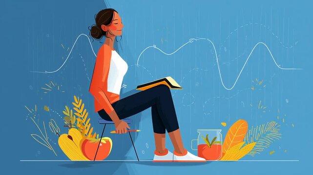 A woman is sitting on a chair and writing in a notebook.Person calmly tracking nutrition habits in a notebook or digital device, reflective posture, continuous improvement narrative