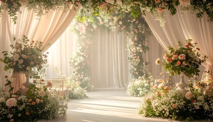 Floral wedding archway draped with soft fabric, filled with roses and other delicate blossoms