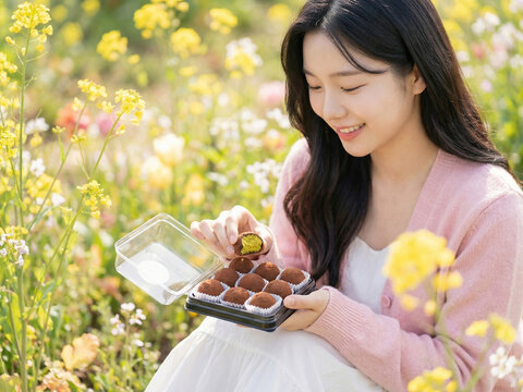 제주 꽃밭에서 디저트를 든 여자, Woman Holding Desserts in Jeju Flower Field