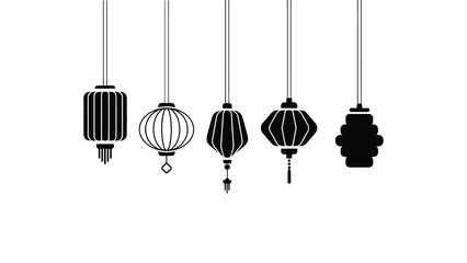 Collection of diverse black paper lanterns hanging against a clean white background