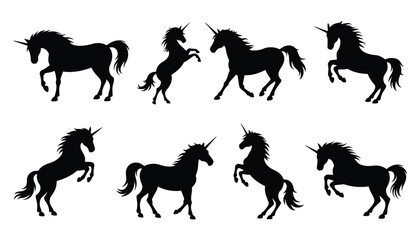 Unicorn silhouettes set, magical horse creatures with horn and flowing mane shapes, fantasy mythology symbols, fairy tale animal outlines, whimsical black vector illustration isolated. © MASUD MOMENA