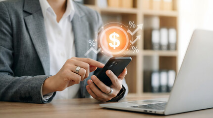 Professional person uses smartphone with digital finance icons showing money growth and business suc