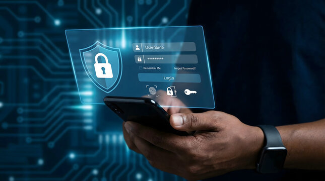 Close up of a human hand using a smartphone with a glowing holographic security login interface