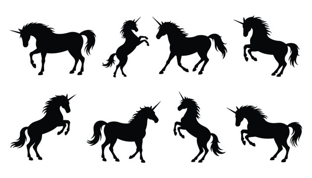 Unicorn silhouettes set, magical horse creatures with horn and flowing mane shapes, fantasy mythology symbols, fairy tale animal outlines, whimsical black vector illustration isolated.