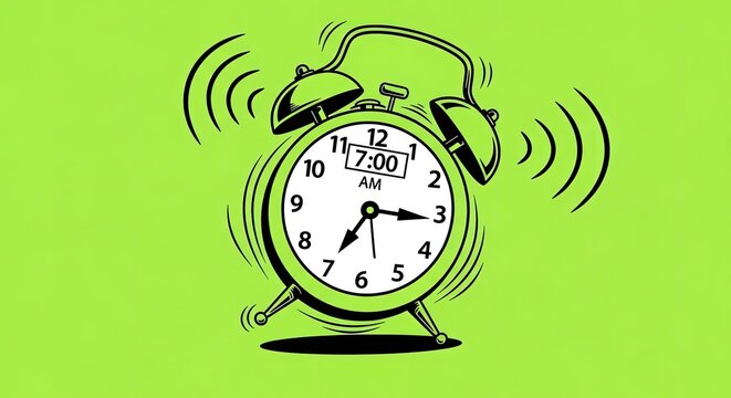 Vibrant alarm clock ringing loudly at 7am on bright green background