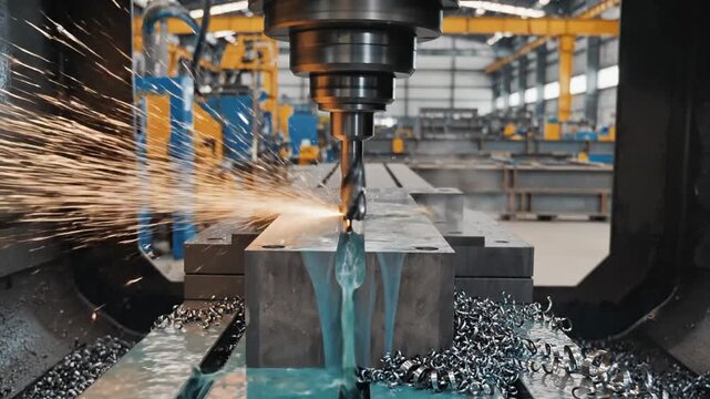 CNC Machine Drilling Metal with Sparks Flying.
