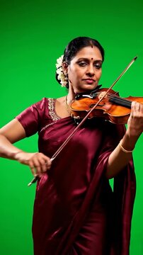 Indian Woman in Traditional Saree Playing Violin with Passion on a Green Screen Background