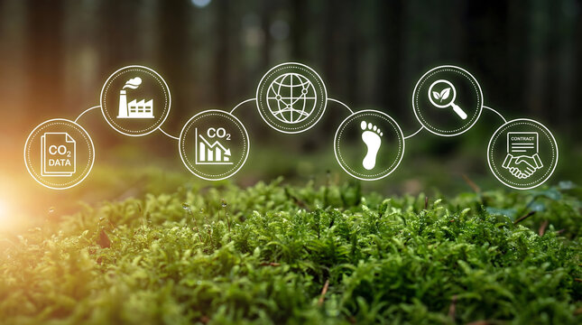 Conceptual icons for environmental sustainability and carbon footprint analysis on vibrant green mos