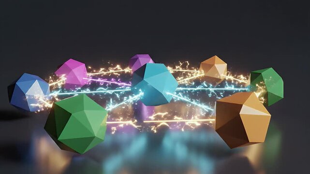 A geometric abstract composition featuring multi-colored polyhedral shapes, connected by energy lines
