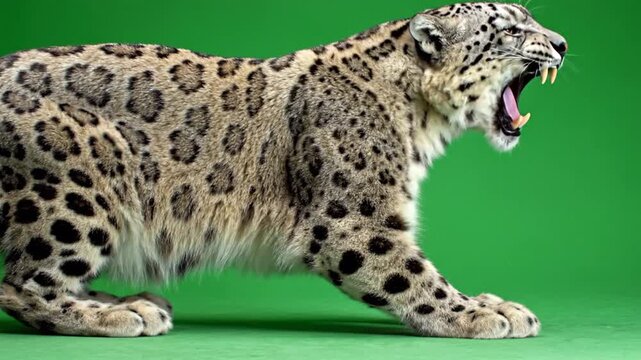 Close-up of a majestic snow leopard roaring with its mouth open, showcasing its sharp teeth and beautiful spotted fur against a vibrant green background.