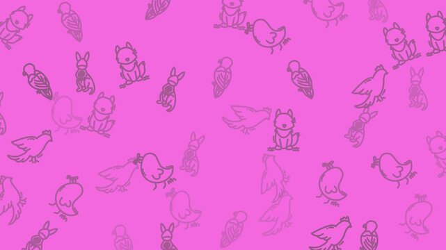 Pink background filled with scattered animal drawings, ideal for childrens books, posters, wallpapers, and educational materials with a playful theme.