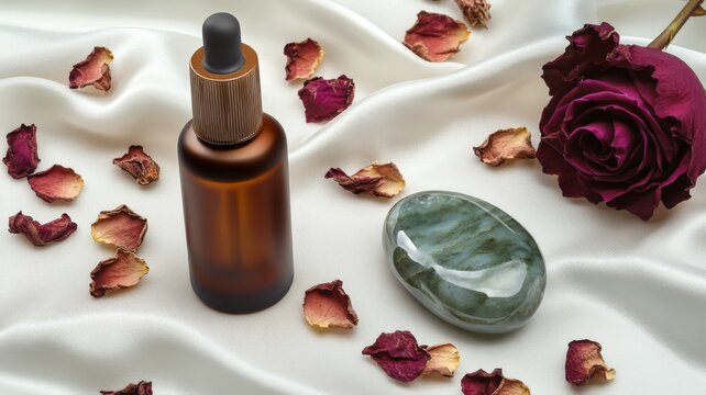 Nourishing rose oil serum on white silk fabric with dried rose petals and a green jade gua sha stone for holistic facial massage