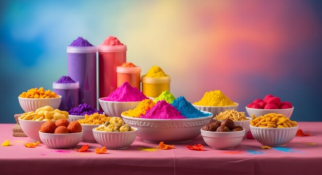 Vibrant holi colors and powder preparations for the festival of colors