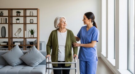 Fototapeta premium Caregiver helping an elderly woman use a walker for mobility assistance in a modern living room, promoting independence and support.
