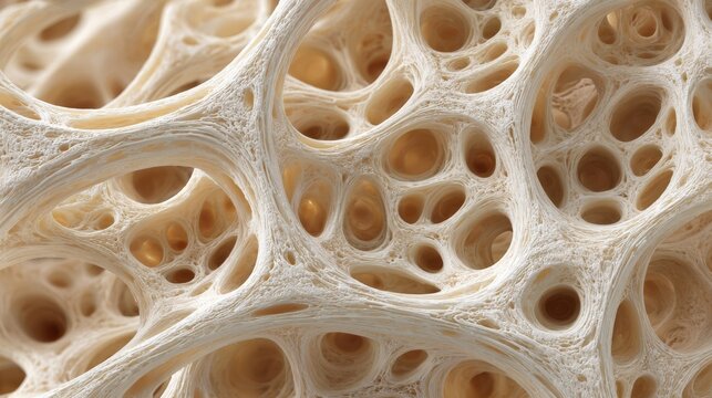 Realistic close-up of healthy human bone spongy structure showing detailed porous trabecular texture, anatomical cross section in medical science research, orthopedic study and skeletal biology backgr