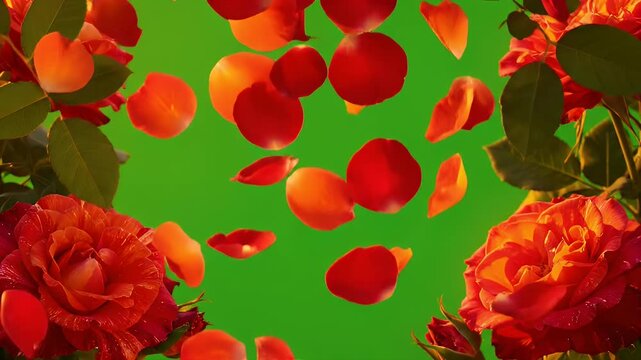 Romantic red rose petals gracefully falling against a vibrant green screen background, ideal for celebrations and love concepts