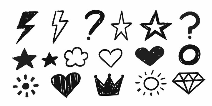 Hand drawn doodle icons featuring lightning bolts stars hearts and floral motifs